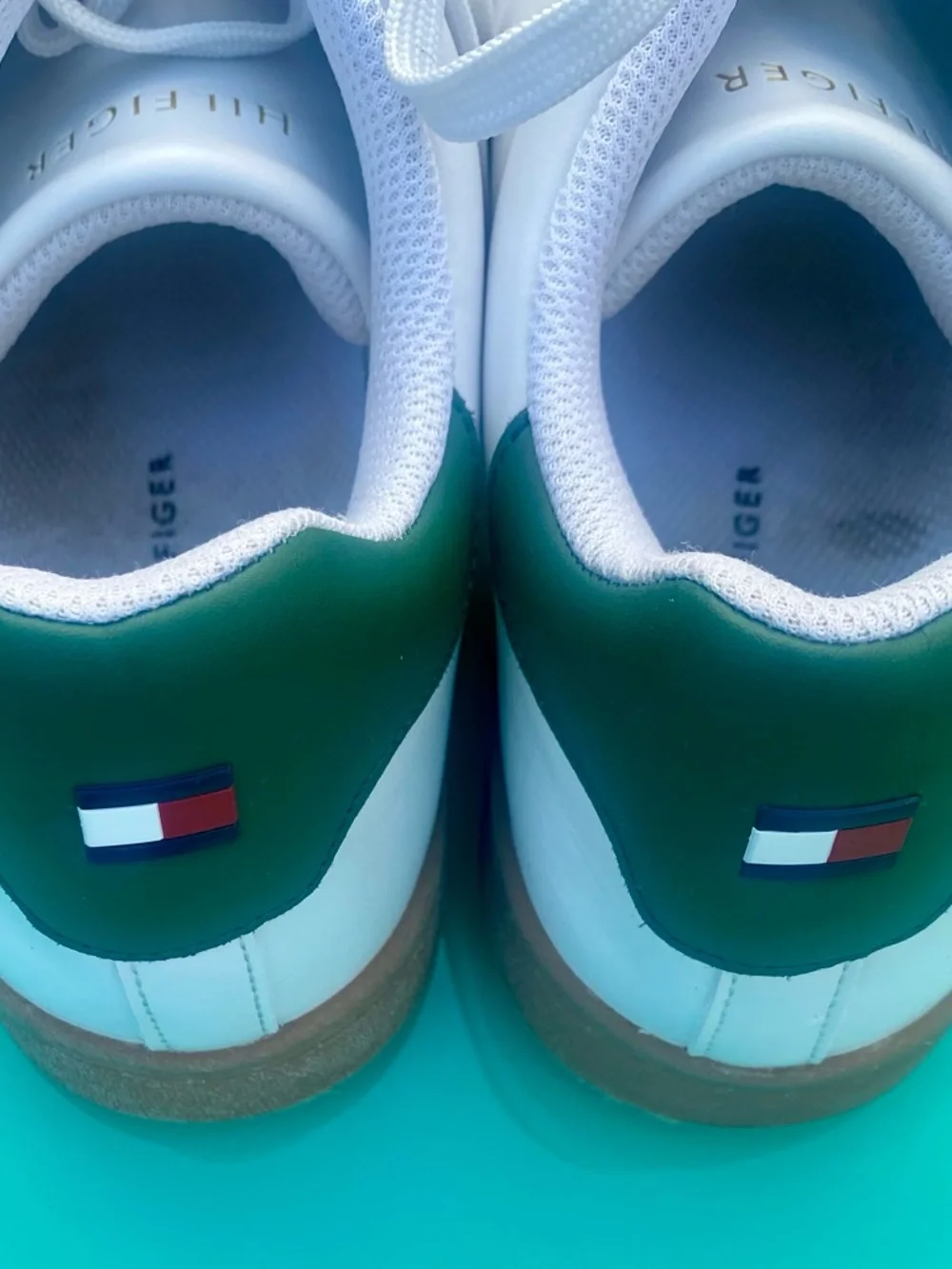 Tommy Hilfiger White Sneakers with Beige Suede & Dark Green Heel - Picture 5 of 8